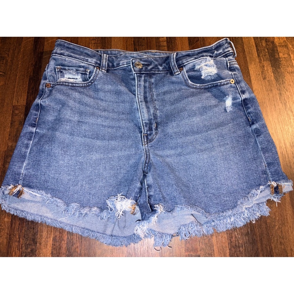 American Eagle Stretch Distressed Denim Shorts Womens 8 Medium Wash Frayed Hem